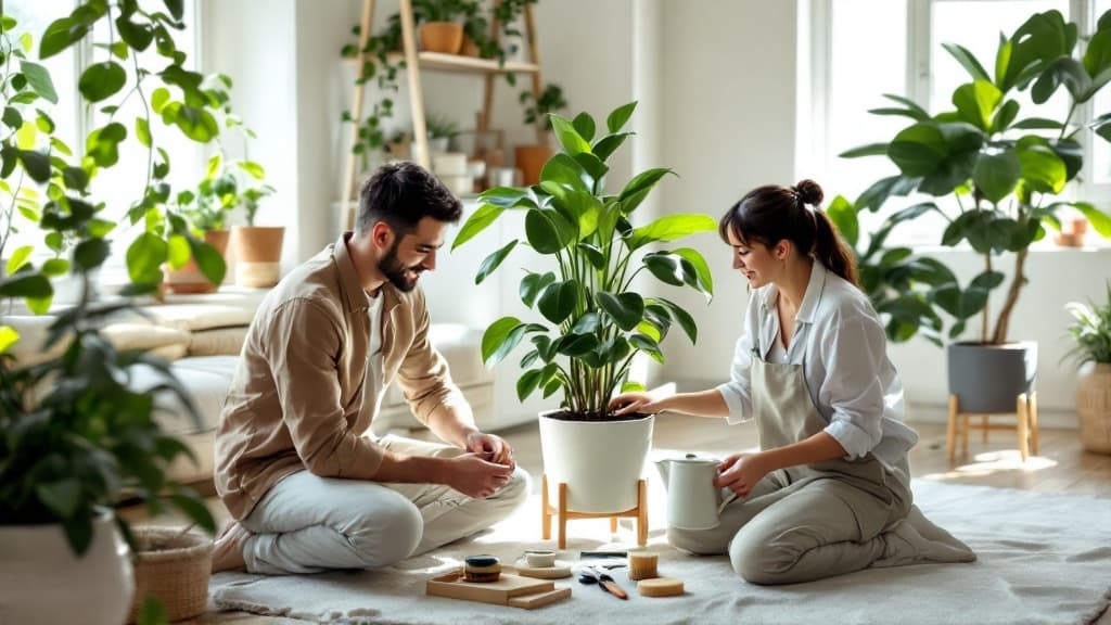 Plant specialist examining houseplants during a home visit