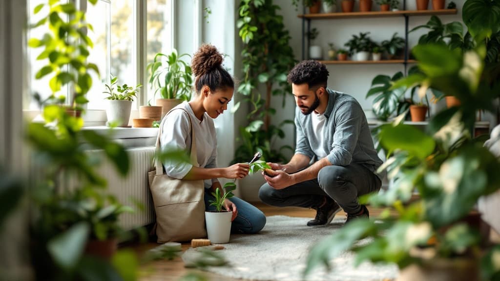Close-up of healthy indoor plants with care plan